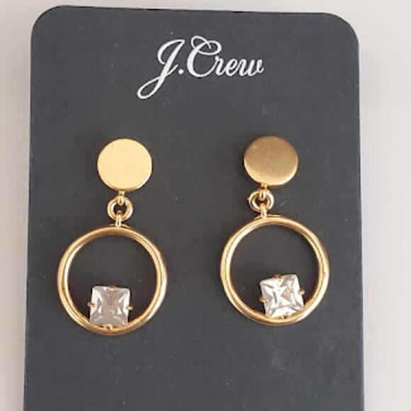 J.Crew‎ Drop Hoop Earrings with Square Cubic Zirconia Crystals Gold Plated Bling - Picture 1 of 7